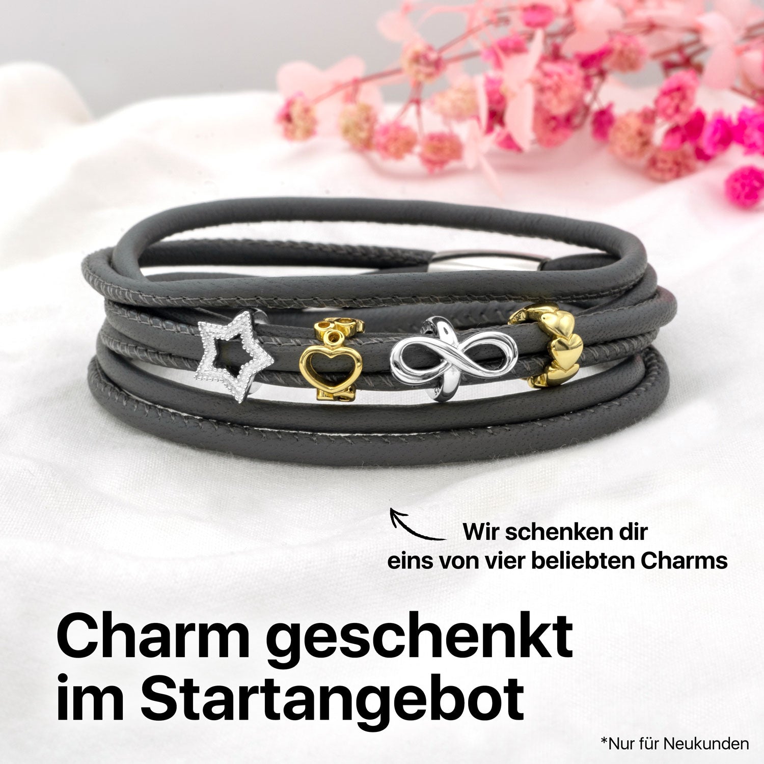 Startangebot: Lederarmband Gravity Schwarz + Charm geschenkt